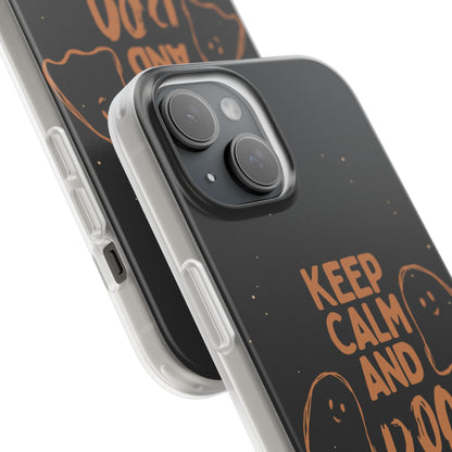 Keep Calm and Boo! Flexible Phone Cases – Compatible with iPhone 15, 14, 13, Pro, Pro Max & Plus."