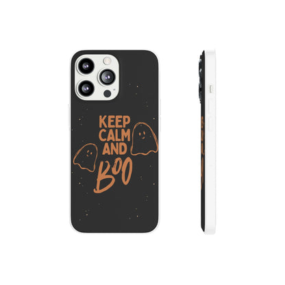 Keep Calm and Boo! Flexible Phone Cases – Compatible with iPhone 15, 14, 13, Pro, Pro Max & Plus."