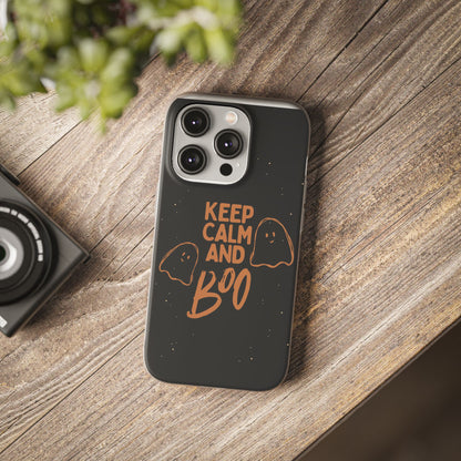 Keep Calm and Boo! Flexible Phone Cases – Compatible with iPhone 15, 14, 13, Pro, Pro Max & Plus."