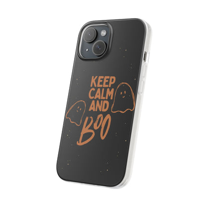 Keep Calm and Boo! Flexible Phone Cases – Compatible with iPhone 15, 14, 13, Pro, Pro Max & Plus."